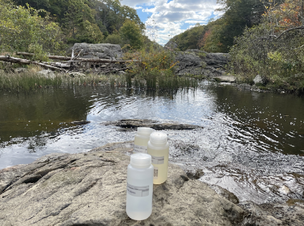 A plastic bottle used to hold specimen sits on a rocky shoreline.